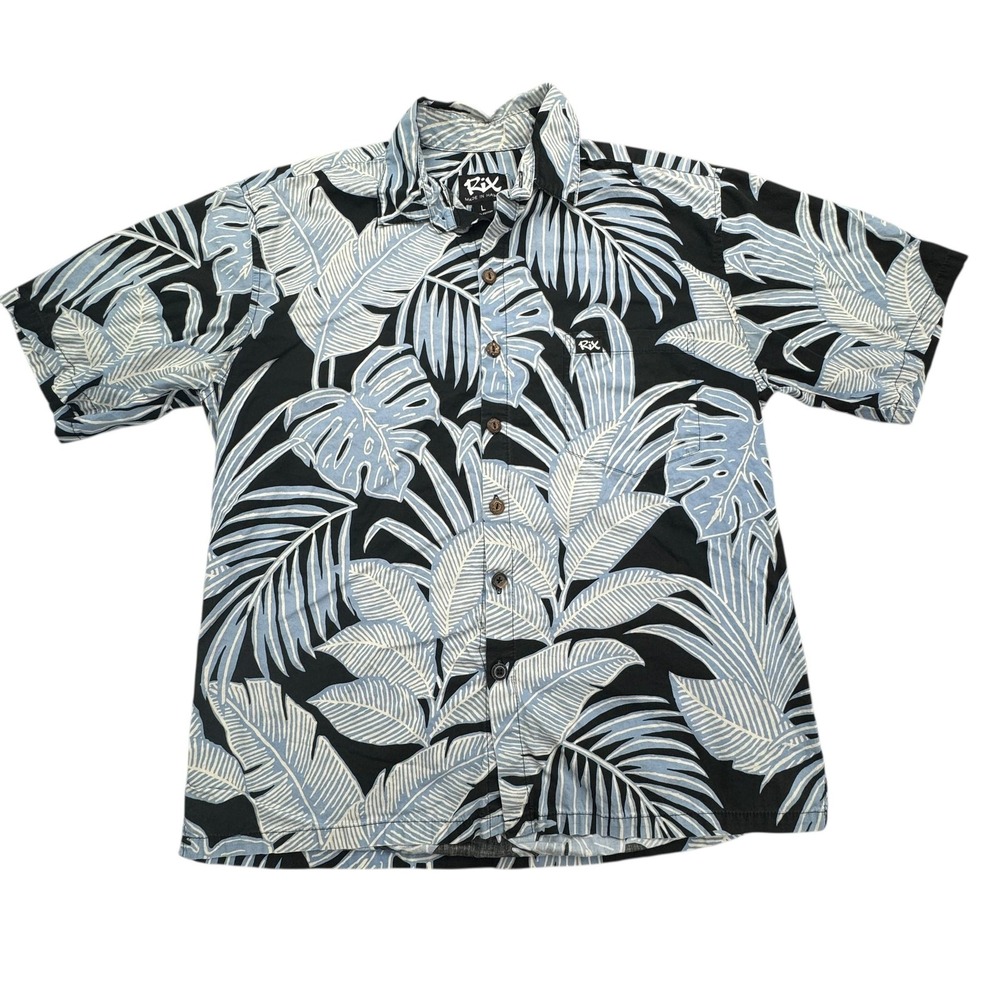 Rix Hawaiian Shirt Mens Large Black Blue Leaf Print Made In Hawaii Cotton